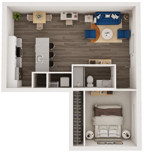 A 3D floor plan of a small apartment with a living room, kitchen, and bedroom.